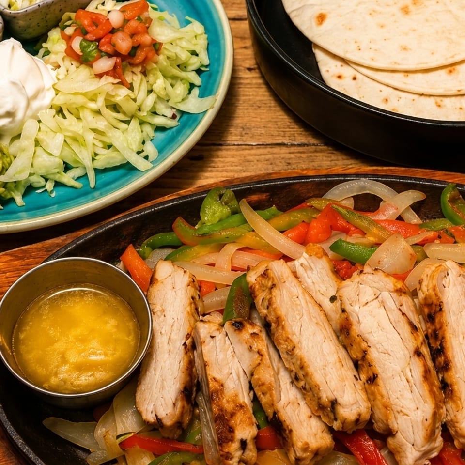 Sizzling chicken fajitas with colorful peppers and onions, served with tortillas and sides on a wooden table.