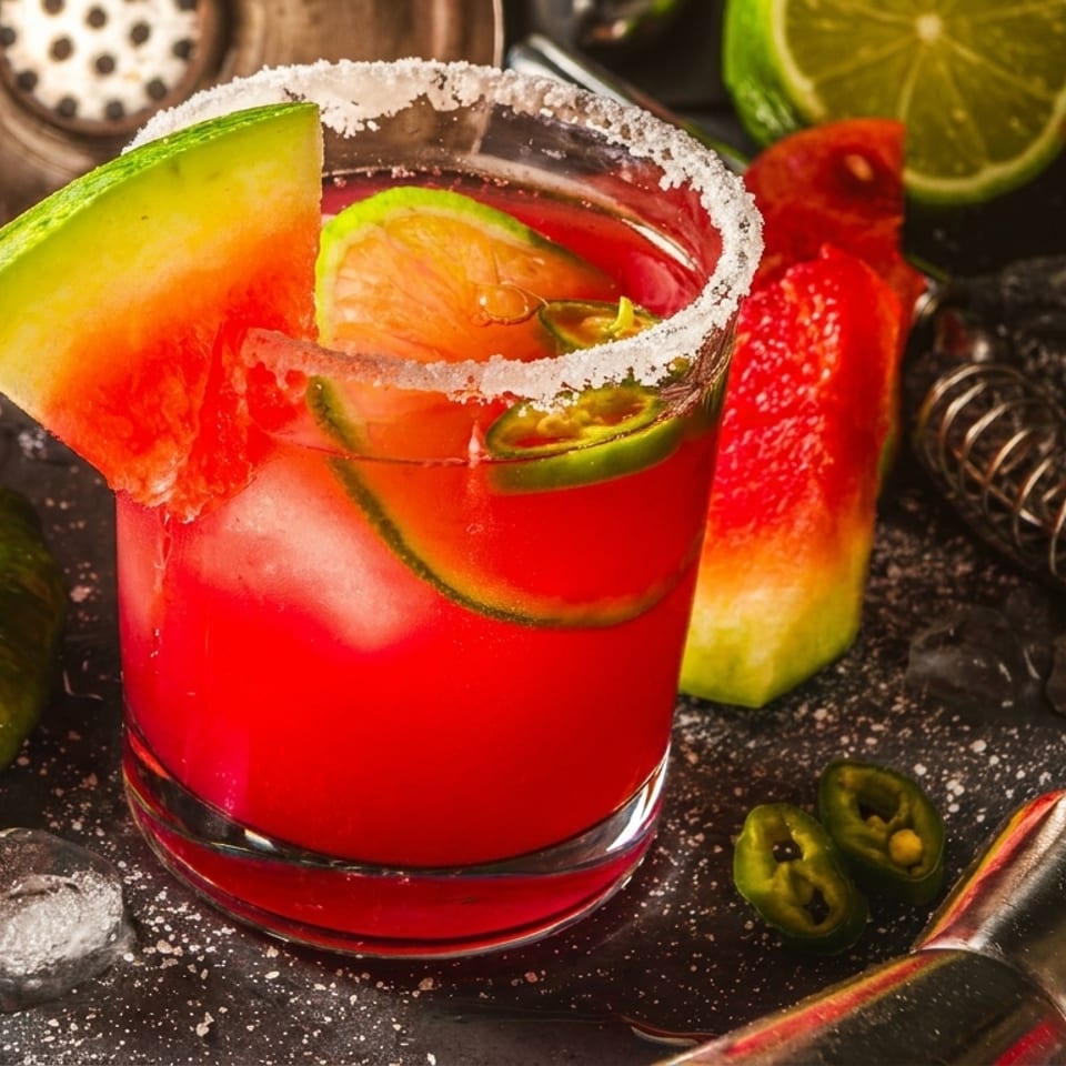 Watermelon margarita with lime, jalapeño, and a salted rim, surrounded by ice and bar tools.