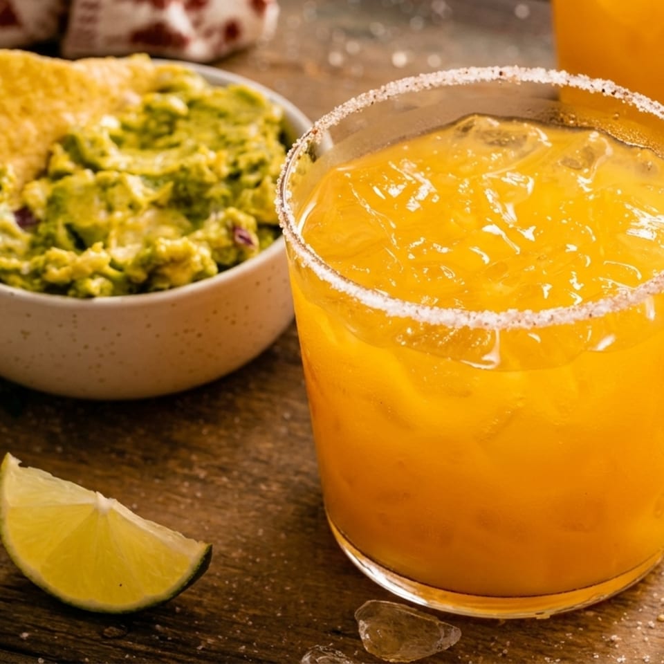 Guacamole with a tortilla chip, two lime wedges, and a salt-rimmed orange drink on a wooden table.