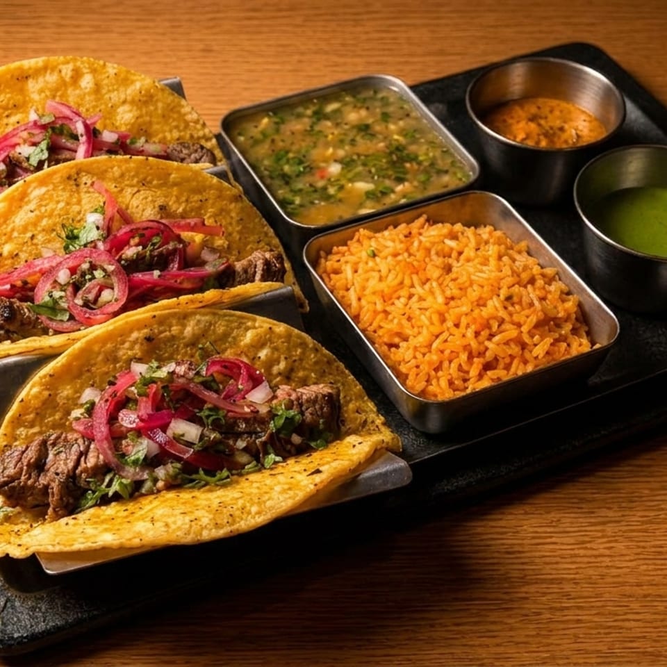 Three tacos with meat, red onions, and cilantro, served with rice, soup, and two sauces.