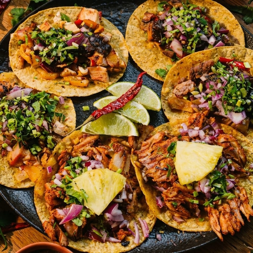 A black plate filled with six vibrant tacos, garnished with cilantro, onions, and pineapple.